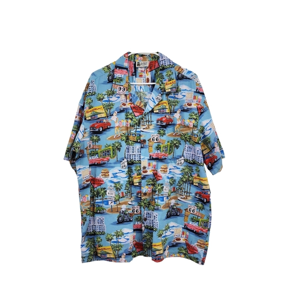 Aloha Republic Men's 100% Cotton Retro Route 66 Button Down Hawaiian Shirt - 2XL